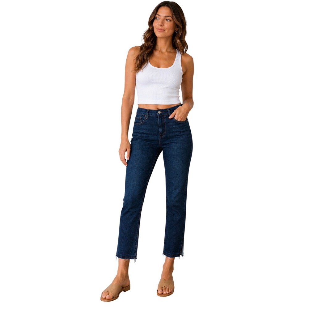 JEN7 by 7 For All Mankind Ankle Straight Jeans Blue Raw Hem Side Slit Size 4/27